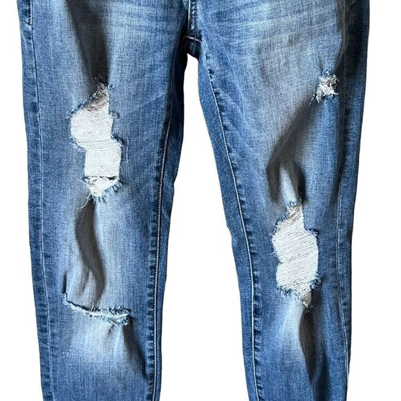 KANCAN DESTROYED DOUBLE FRAYED HEM DENIM SKINNY JEANS - Picture 6 of 16